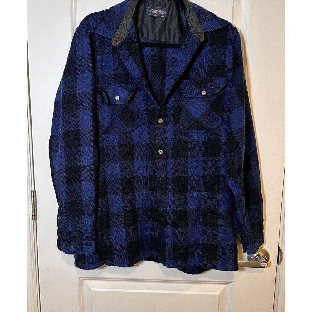 Vintage 80s Woodland Wool Blend Men’s Large Plaid Flannel Shirt Blue Button Up
